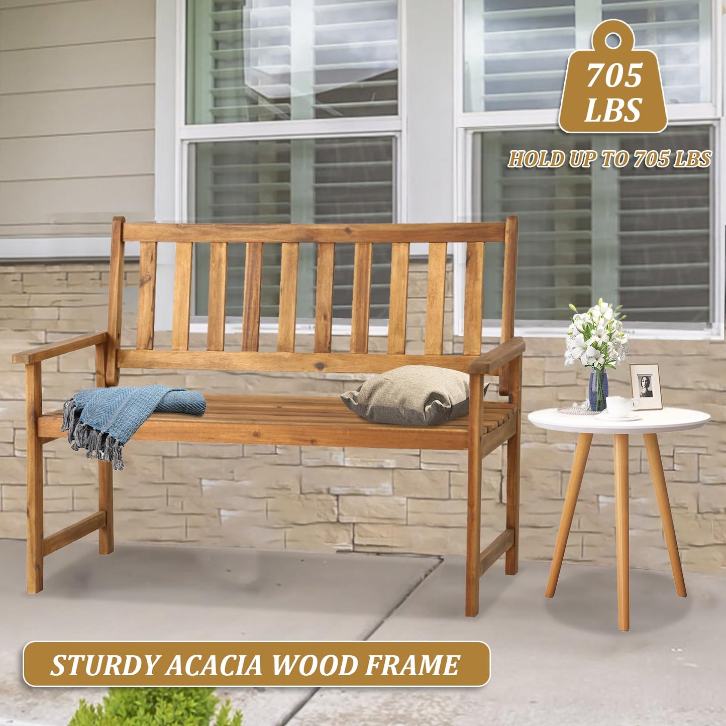 Yewuli Outdoor Wooden Bench,2-Person Garden Bench with Back and armrest, Acacia Wood Outdoor Bench Weatherproof for Patio,Front