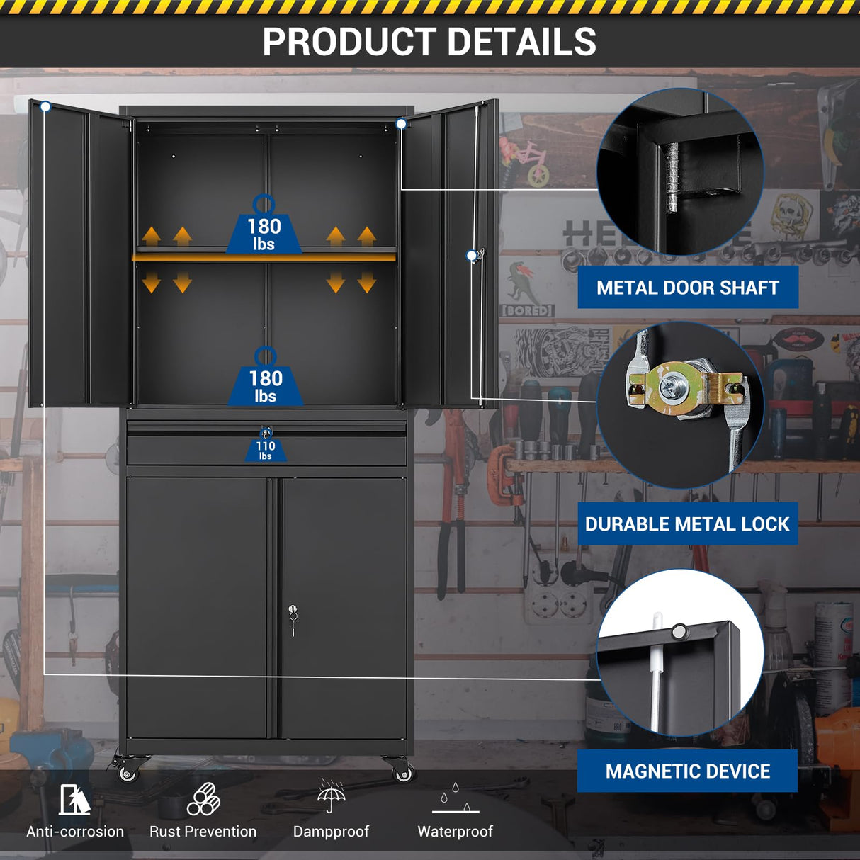 Fesbos 73" Metal Cabinet-Black Heavy Duty Rolling Storage Cabinet Steel Tool Cabinets with Wheels, Shelves, Lockable Doors and Drawers- for Garage, Pantry, Warehouse Home Office- Assembly Required Fesbos