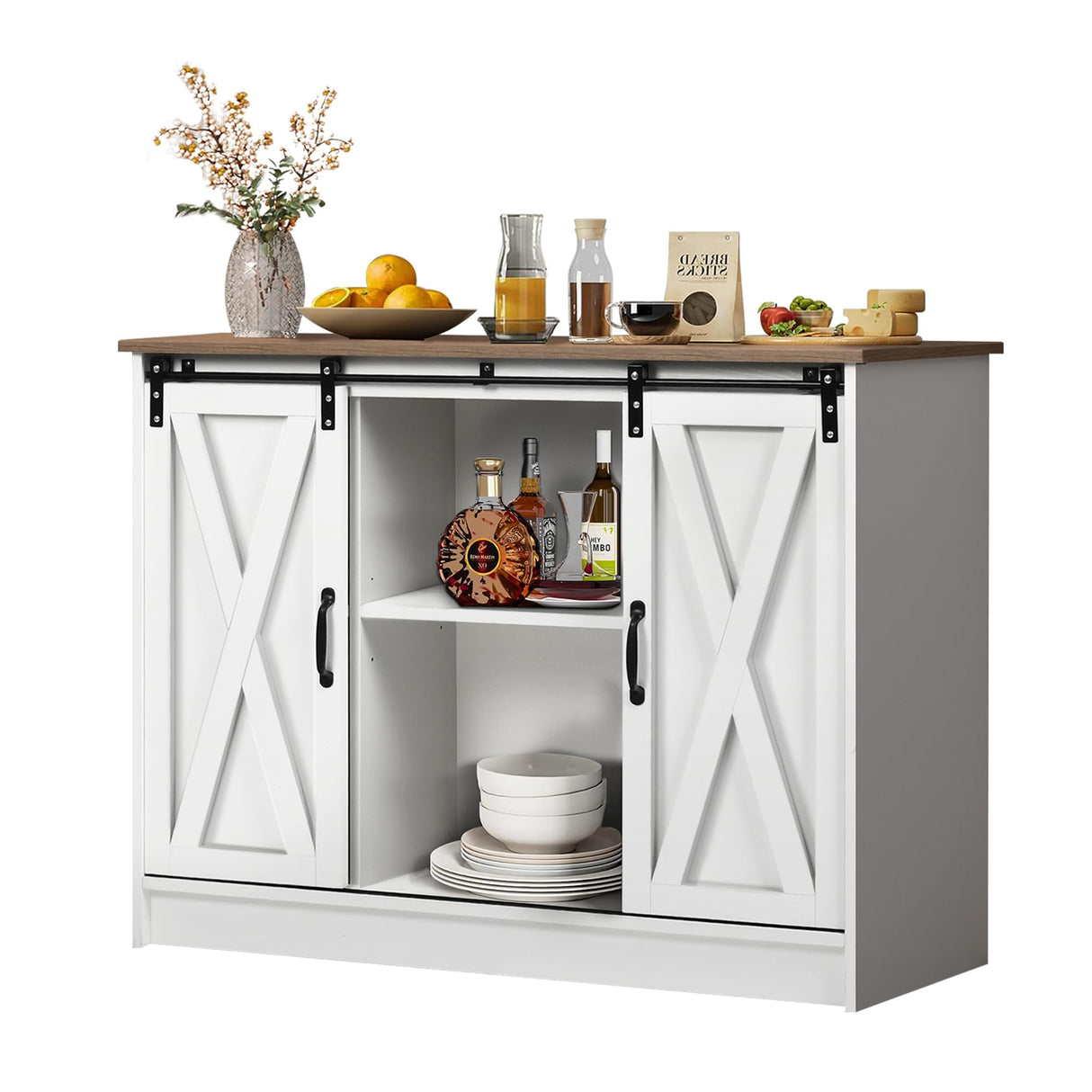 4 EVER WINNER Coffee Bar Cabinet with Sliding Barn Doors, 42” Farmhouse Coffee Station with Adjustable Shelves, Buffet Cabinet with Storage for Dining Room, White 4 EVER WINNER