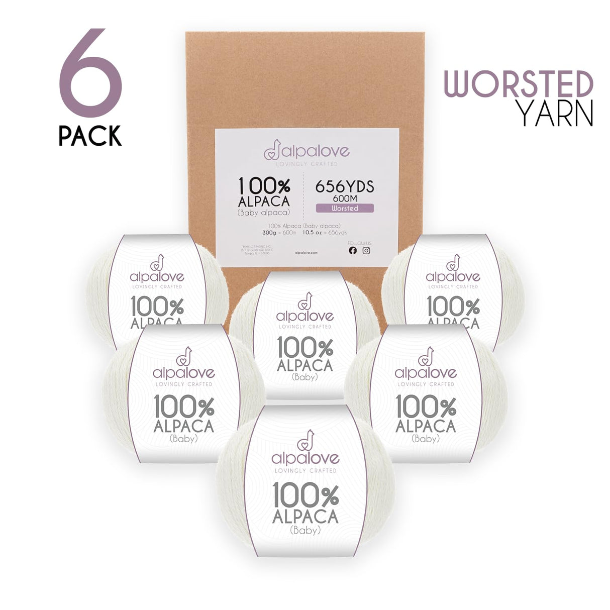 ALPALOVE Worsted Set (6 x 1.75 oz) Super Soft Baby Alpaca Knitting Yarn Ecru 656 Yards ALPALOVE
