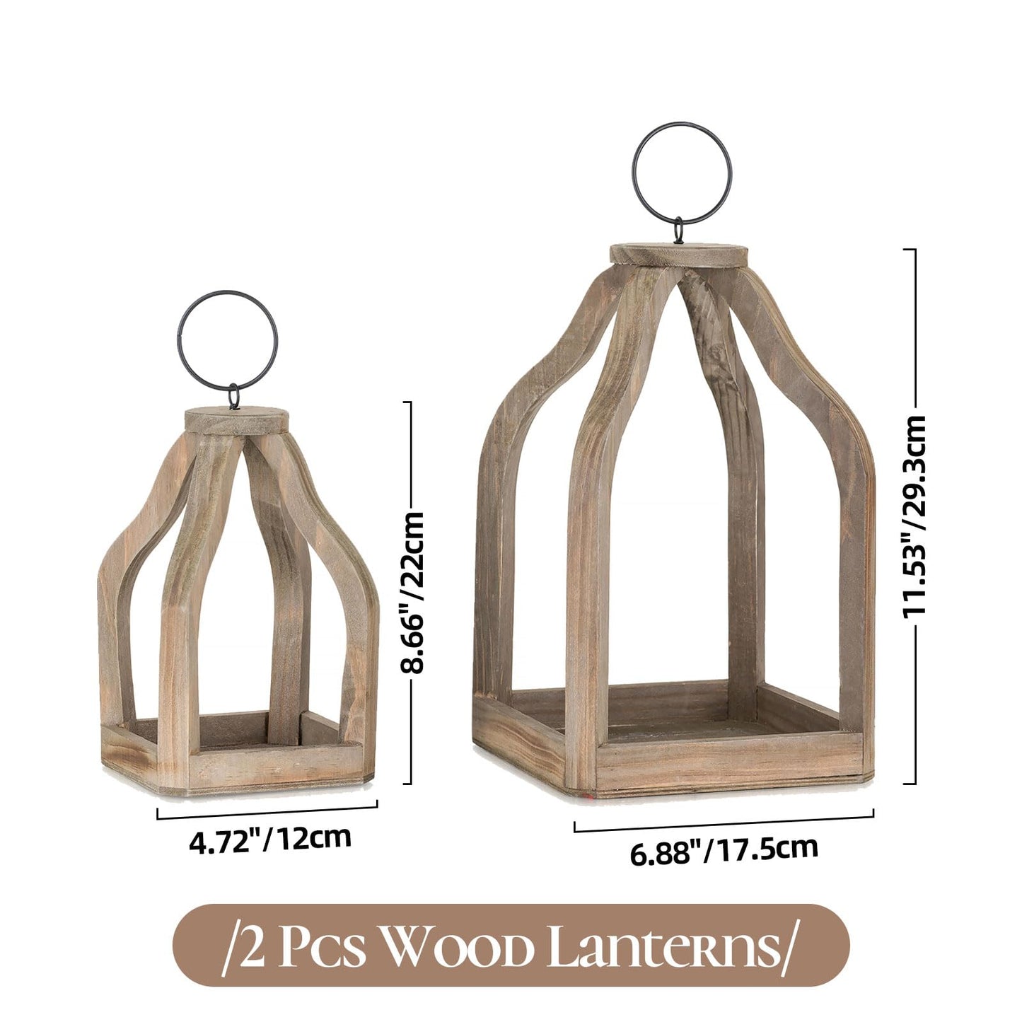 Staymoment Wood Decorative Candle Lanterns Set of 2, Indoor Farmhouse Hanging Candle Holder for Table Centerpiece Fireplace Mantle Shelf, 11" & 8" Bulk Rustic Home Decor Fall Ornaments, Brown