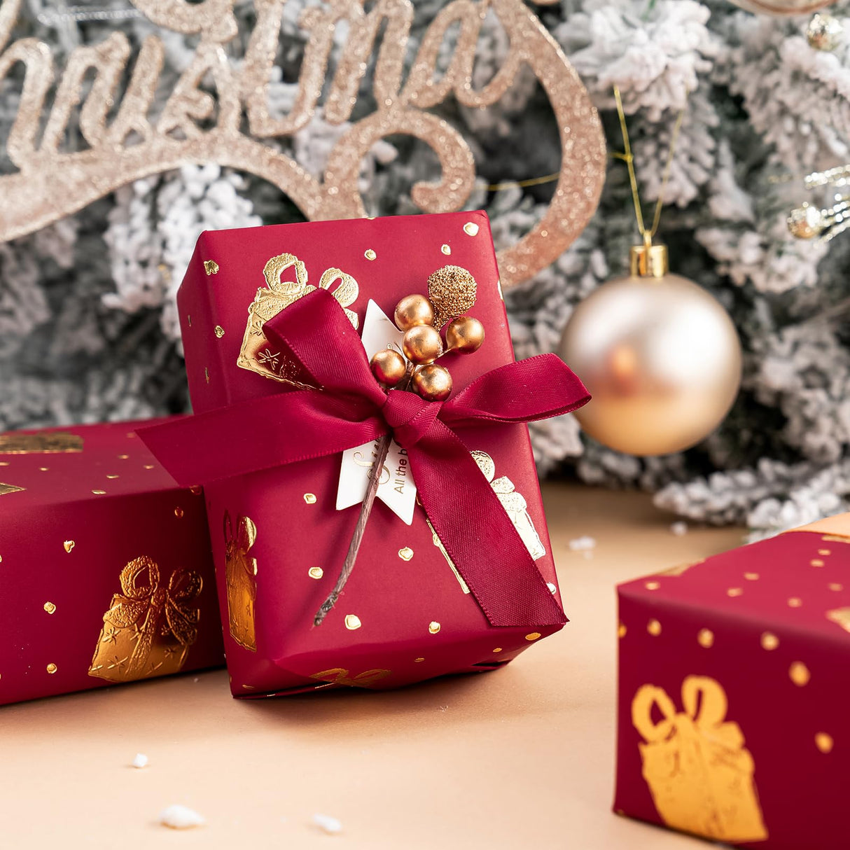 WRAPAHOLIC 3D Kraft Wrapping Paper Roll - Mini Roll - 17 Inch x 16.5 Feet - Gold and Red Christmas Presents Design with Embossed Perfect for Holiday, Party Celebration WRAPAHOLIC