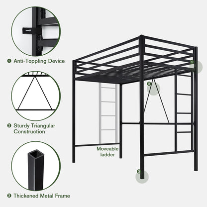 MUTICOR Twin Size Metal Loft Bed Frame with Safety Guardrail and Removable Ladder in Matte Black - WoodArtSupply