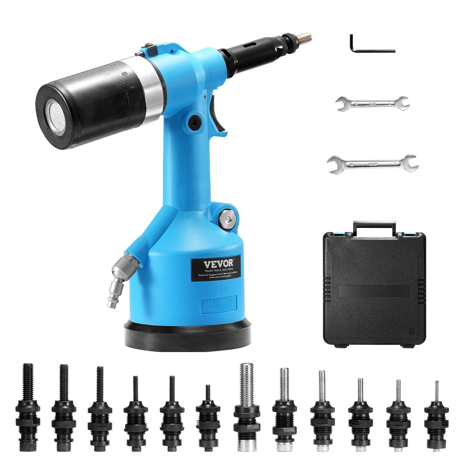 VEVOR Air Riveter, Pneumatic Air Riveter, 20.2KN Pulling Force Pop Rivet Gun Tool Kit, Heavy Duty Air Hydraulic Rivet Gun for Mechanic Tool, Construction, Home Improvement - With 13 Size Nose - WoodArtSupply