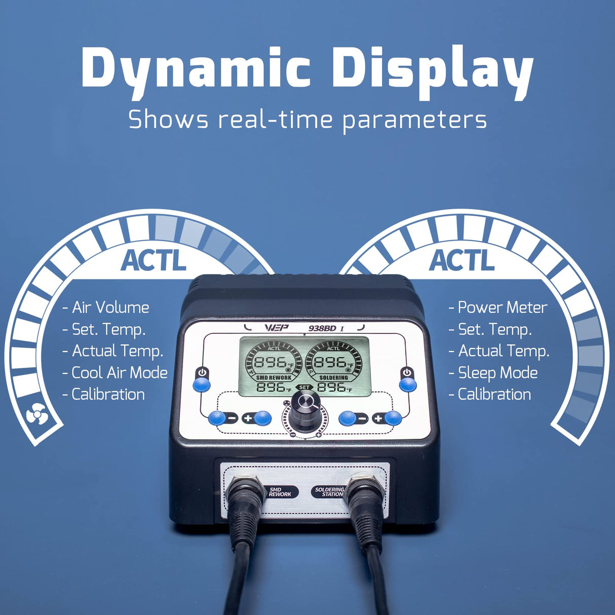WEP 938BD-I Soldering Iron Station Hot Air Rework Station 2-IN-1 with LCD Display, PID Control, Hot Air Start/Stop, Sleep Mode, 3 Extra Nozzles, 5 Extra Soldering Tips, Solder Wire WEP
