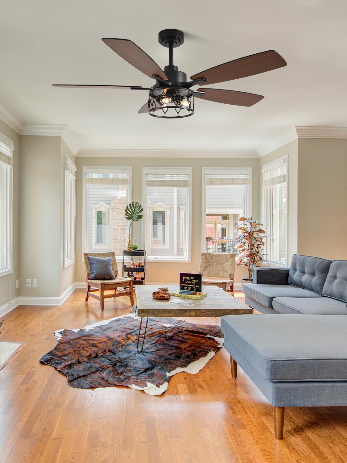 Curve Curio 52 Inch Farmhouse Ceiling Fan with Light and Remote Industrial Ceiling Fan Quiet and Reversible DC Motor Rustic Caged Chandelier Fan for Living Room Bedroom Patio Curve Curio