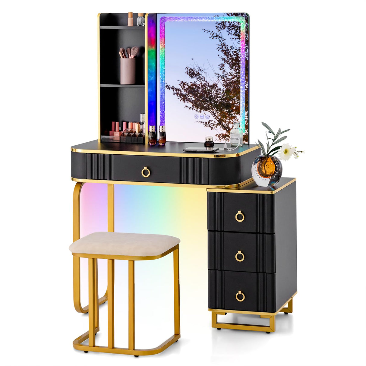 CHARMAID RBG LED Makeup Vanity Table, Colorful Lighted Mirror, 7 Dynamic & 7 Static Modes, 3-drawer Chest, 3 Shelves, Large Drawer, Girls Vanity Desk Dressing Table with Stool CHARMAID