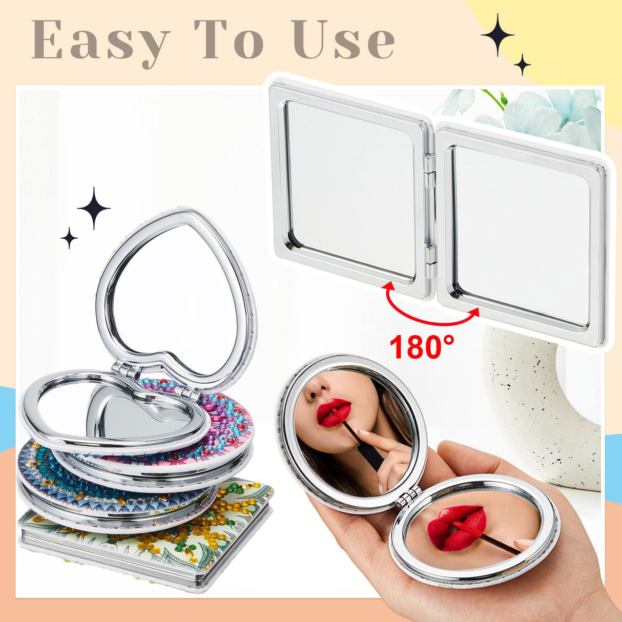 Marsui 4 Pcs Diamond Painting Compact Mirror DIY Painting Pocket Portable Folding Purse Mirror for Women Diamond Art Mom Gifts for Mother's Day Nurse Week Party Favors(Lovely) Marsui