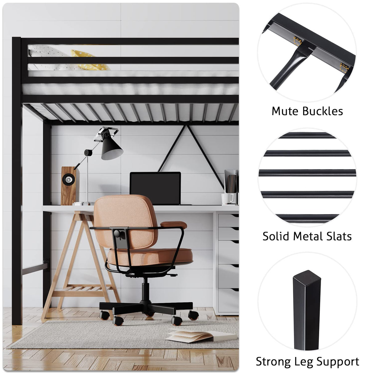 Heavy Duty SHA CERLIN Junior Loft Bed Twin Size with Full-Length Guardrail & Removable Stairs, Space-Saving Design, Noise-Free, Black SHA CERLIN