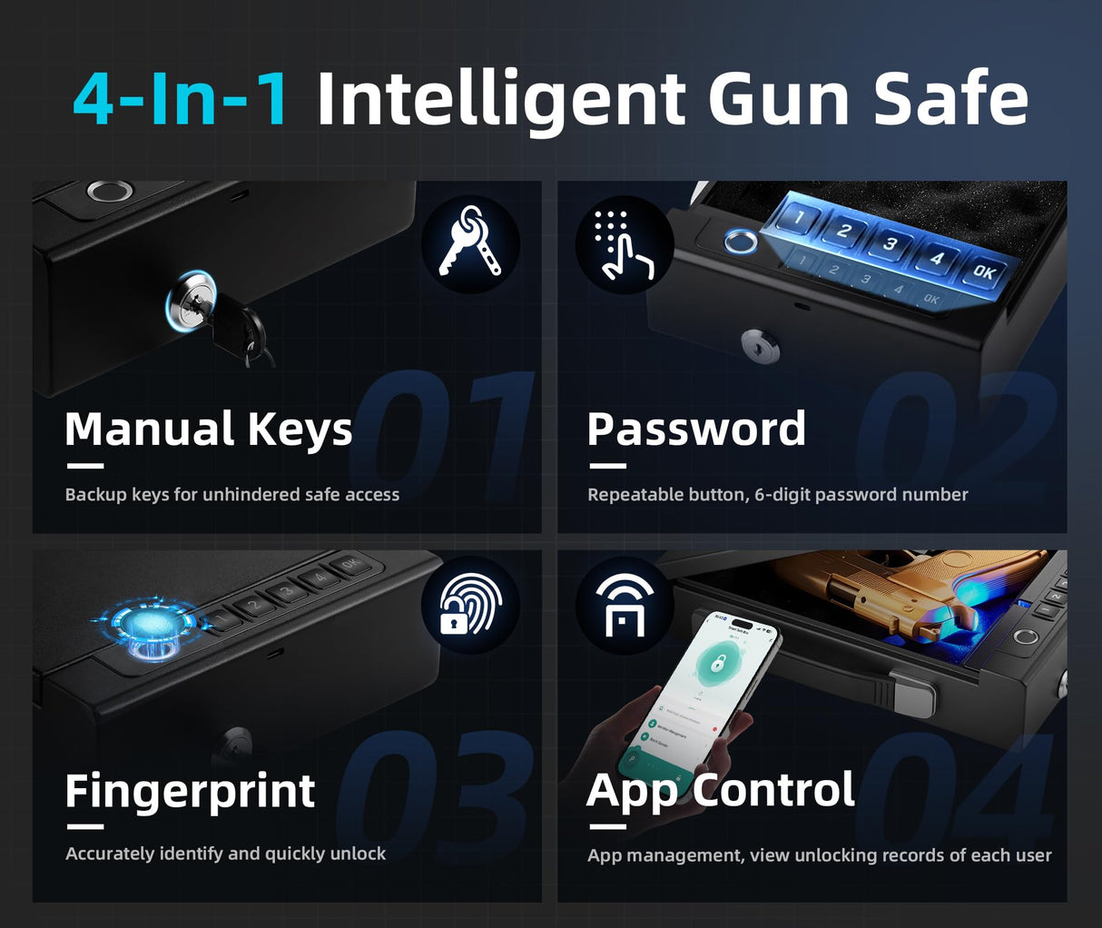 Gun Safe with Handle, Biometric Gun Safe for Handgun, 4-Ways unlock with Sound(APP, Fingerprint, Digital PIN, Key), Smart Lock Box For Cloakroom, Living Room, Bedroom Nightstand and Car Swikitec
