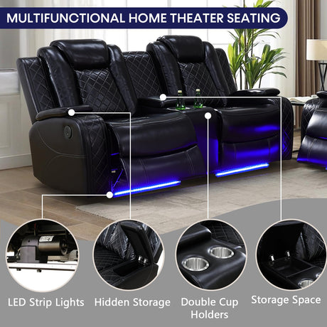 Caberryne Power Recliner Sofa Set with LED Lights,Leather Reclining Sofa and Loveseat Set with USB Port/Cup Holder,Living Room Furniture Set for House/Home Theater(2 Piece Set,Black) Caberryne