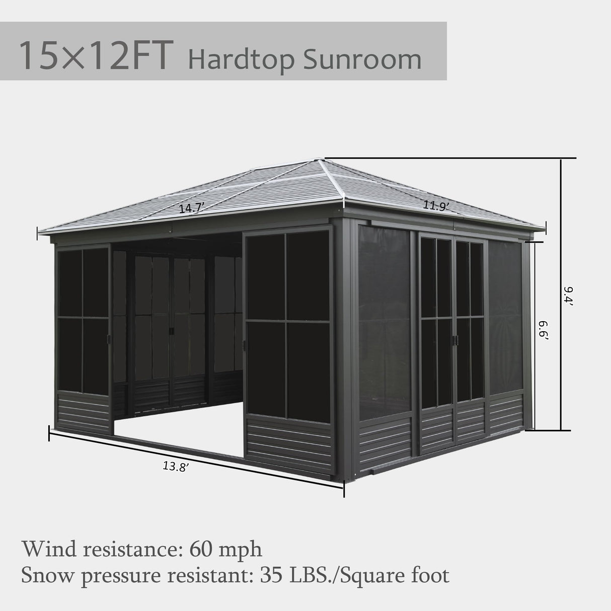 Domi 12x14FT Outdoor Sunroom, Galvanized Steel Hardtop Enclose Gazebo Sloping Roof, All Weather Aluminum Solarium Screen House for Patio Deck Backyard with Lockable Door, Moveable PVC Screen domi outdoor living