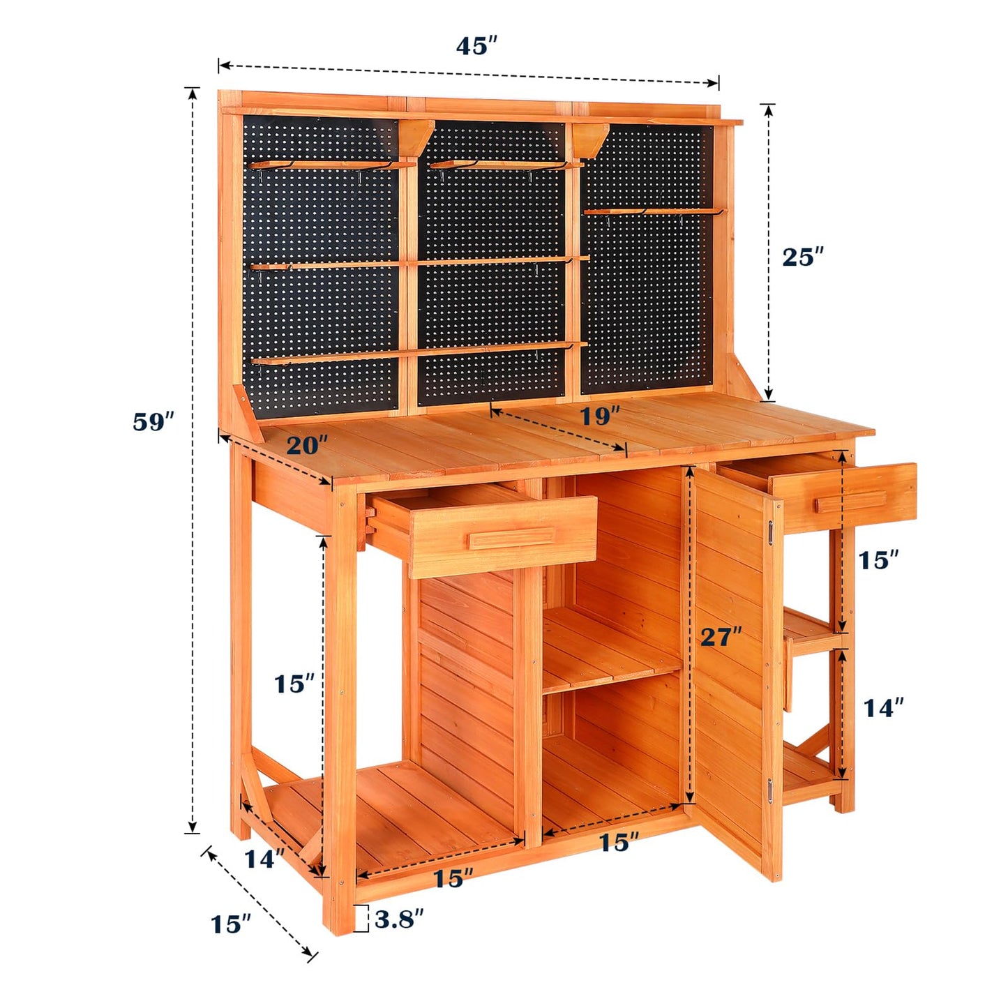 Agitree Outdoor Potting Bench with Double Doors,Drawer Garden Potting Table with Adjustable Shelf/Hooks,Wooden Potting Benches with Cabinet for Backyard,Patio.（45x49x14 inches