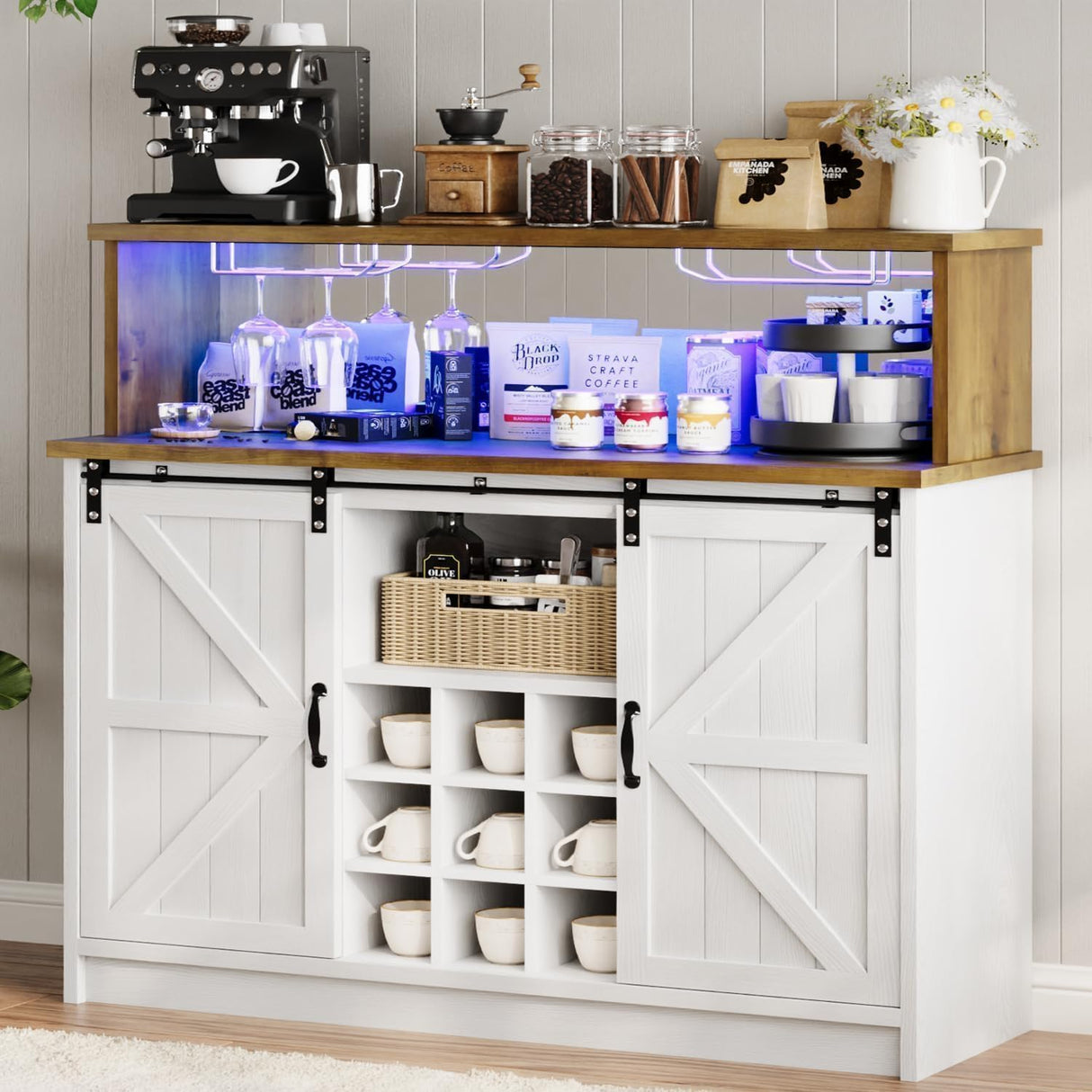 Farmhouse Coffee Bar Cabinet with Storage, 47 Inch Coffee Bar Hutch with Sliding Barn Doors, Wine Bar Cabinet with LED Light and Mirror, White Coffee Bar Table with Wine and Glass Rack for Living Room 4ever2buy