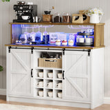 Farmhouse Coffee Bar Cabinet with Storage, 47 Inch Coffee Bar Hutch with Sliding Barn Doors, Wine Bar Cabinet with LED Light and Mirror, White Coffee Bar Table with Wine and Glass Rack for Living Room 4ever2buy