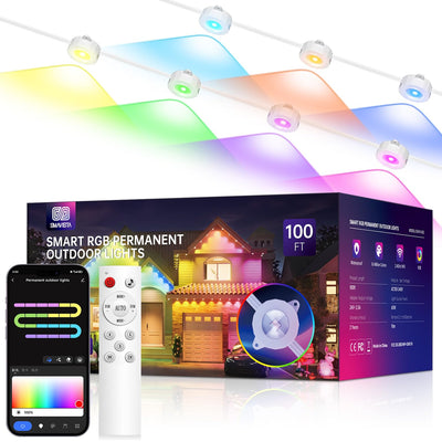 SMAVISTA Smart Permanent Outdoor Lights, 100ft with 72 LED RGB String Lights, IP67 Waterproof Eaves Light with 44 Scene Modes for Halloween Christmas Birthday Holiday Party, APP/Voice/Remote Control