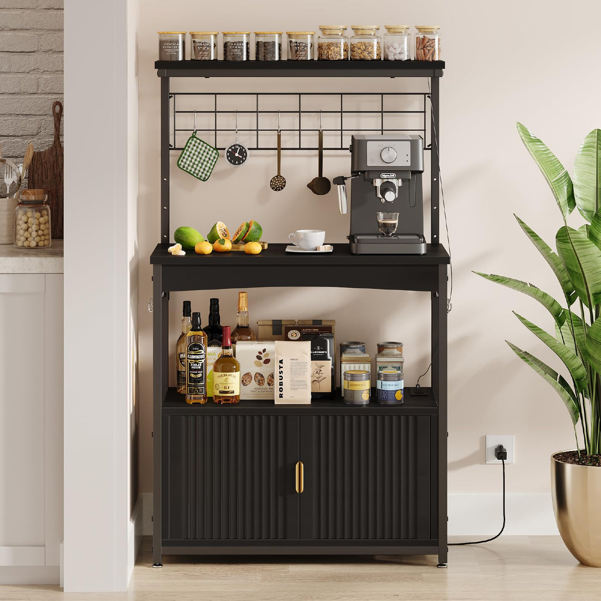 Bestier Bakers Rack with Power Outlet, Height-Adjustable 45" to 55" Kitchen Microwave Stand with Storage Cabinet, Coffee Bar Cabinet with LED Light, Kitchen Stand with 10 S-Hooks (Black) Bestier