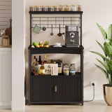 Bestier Bakers Rack with Power Outlet, Height-Adjustable 45" to 55" Kitchen Microwave Stand with Storage Cabinet, Coffee Bar Cabinet with LED Light, Kitchen Stand with 10 S-Hooks (Black) Bestier