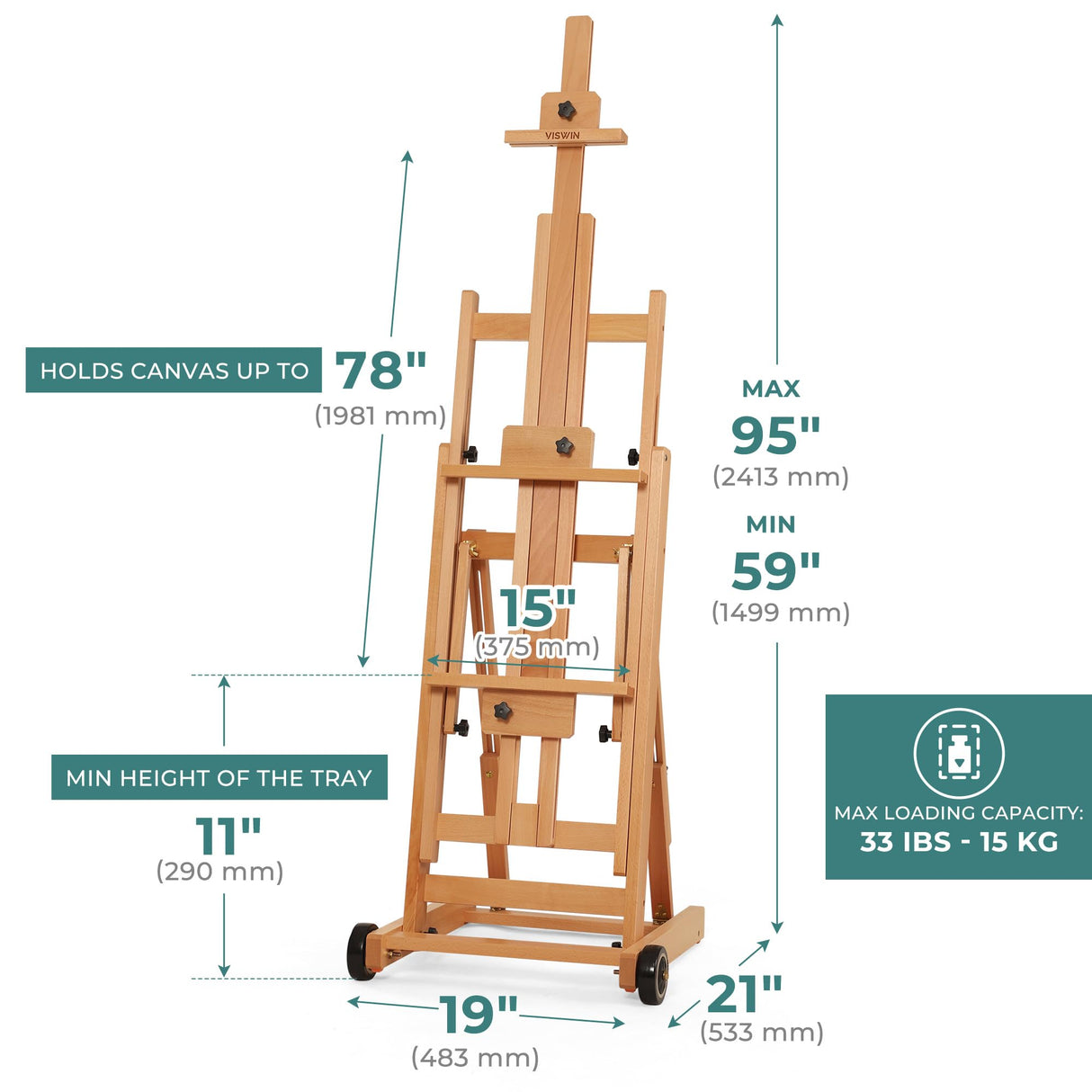 VISWIN Studio H-Frame Easel, Tilting Flat & Adjustable Beech Wood Art Easel for Painting, Movable Large Easel Stand for Adults, Artists, Hold 1 or 2 Canvas up to 78" - Natural VISWIN