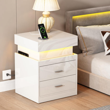 ChooChoo LED Nightstand with Charging Station, Smart Night Stand with Sliding Top Storage, 2-Drawers High Gloss Bedside Table, Modern End Table for Bedroom,White ChooChoo