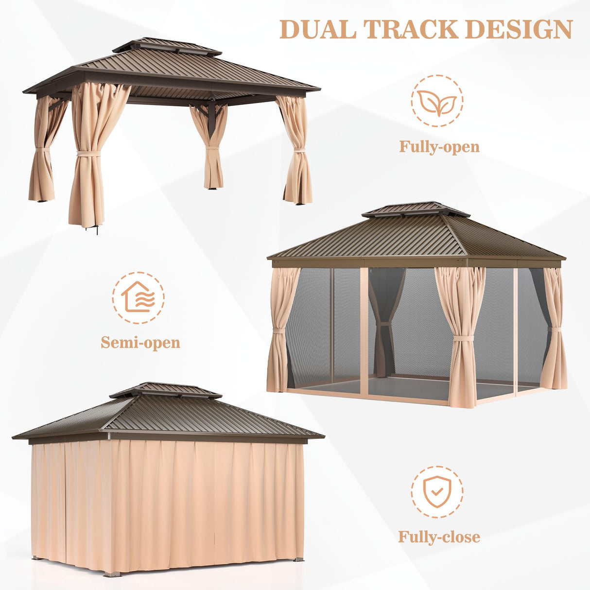 WKM 10x14 FT Hardtop Gazebo with Heavy Duty Galvanized Steel Double Roof, Aluminum Frame Permanent Pavilion with Curtains and Netting, Outside Canopy Gazebo for Patio, Deck and Backyard,Brown WKM