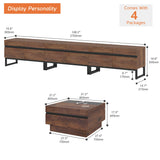 WAMPAT Modern TV Stand and Coffee Table Set of 2, Storage Entertainment Center for TVs Up to 110 inch, Square Center Table with Tempered Glass and Storage Drawers for Living Room, Brown WAMPAT