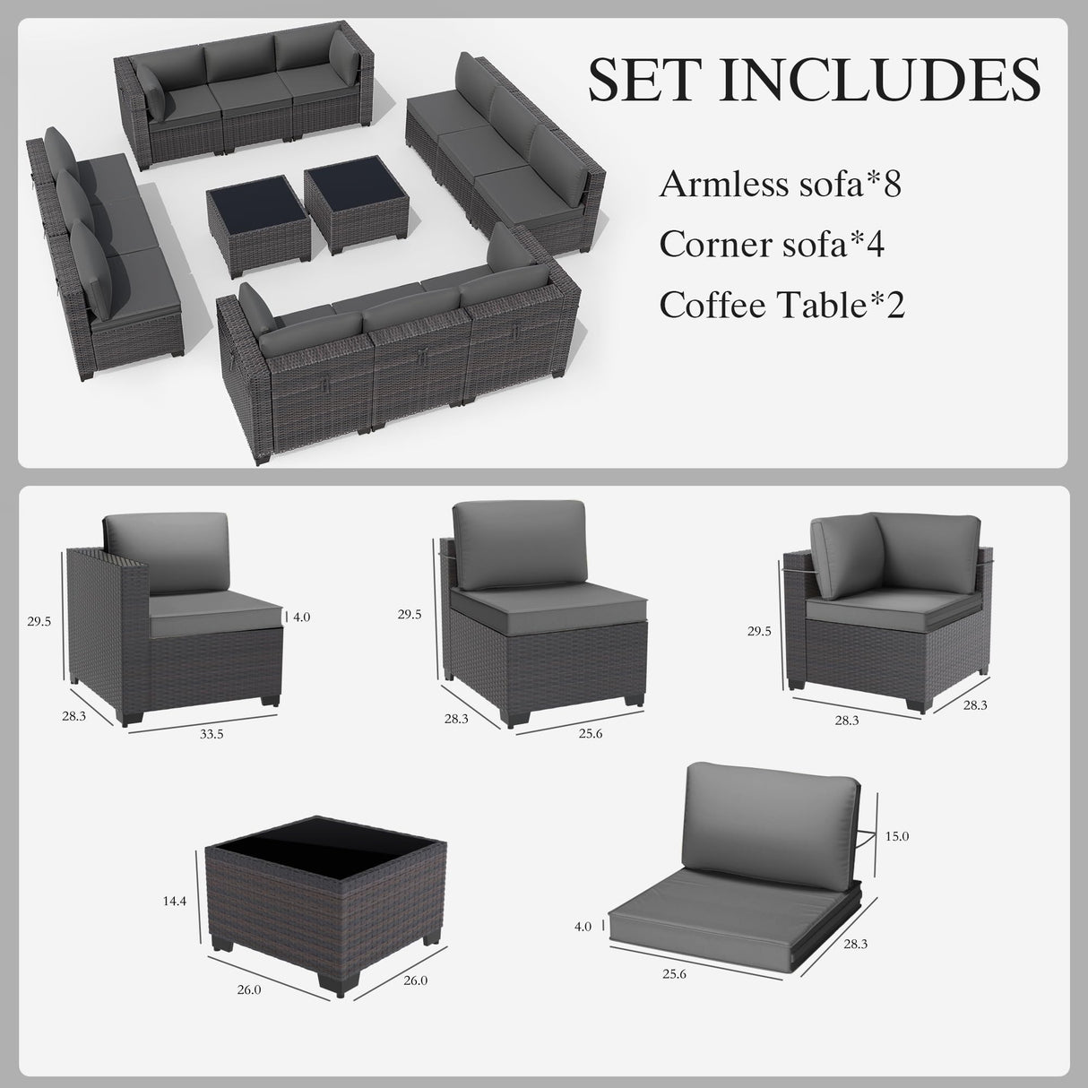 Gotland 14 Pieces Patio Furniture Set Outdoor Sectional Wicker Furniture All-Weather PE Rattan Patio Conversation Sets w/12 Replaceable Grey Waterproof Cushions and 2 Coffee Table Gotland
