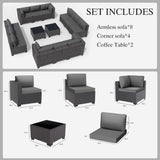 Gotland 14 Pieces Patio Furniture Set Outdoor Sectional Wicker Furniture All-Weather PE Rattan Patio Conversation Sets w/12 Replaceable Grey Waterproof Cushions and 2 Coffee Table Gotland