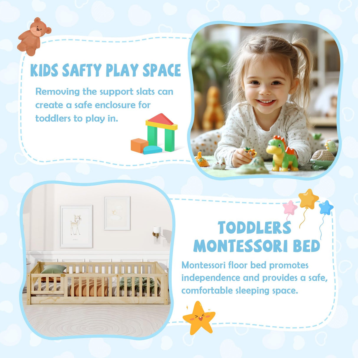 A ALFRESCOOL Full Size Montessori Floor Bed with Safety Fence & Convertible Door, Pine Wood Toddler Floor Bed Frame with Support Slats and Full-Length Guardrails for Kids Girls Boys (Natural) A ALFRESCOOL