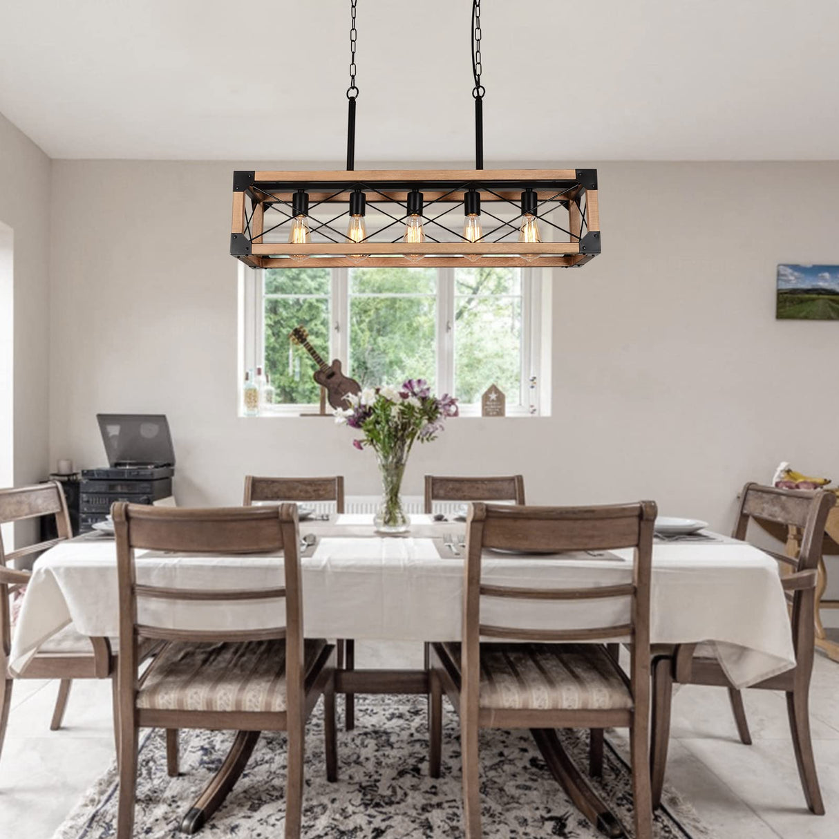 Airposta Kitchen Island Lighting, 33.5-Inch 5 Lights Farmhouse Linear Chandelier for Dining Room Pool Table Pendant Light Fixture, Rustic Wood Grain Finish, Industrial Pendant Light Airposta