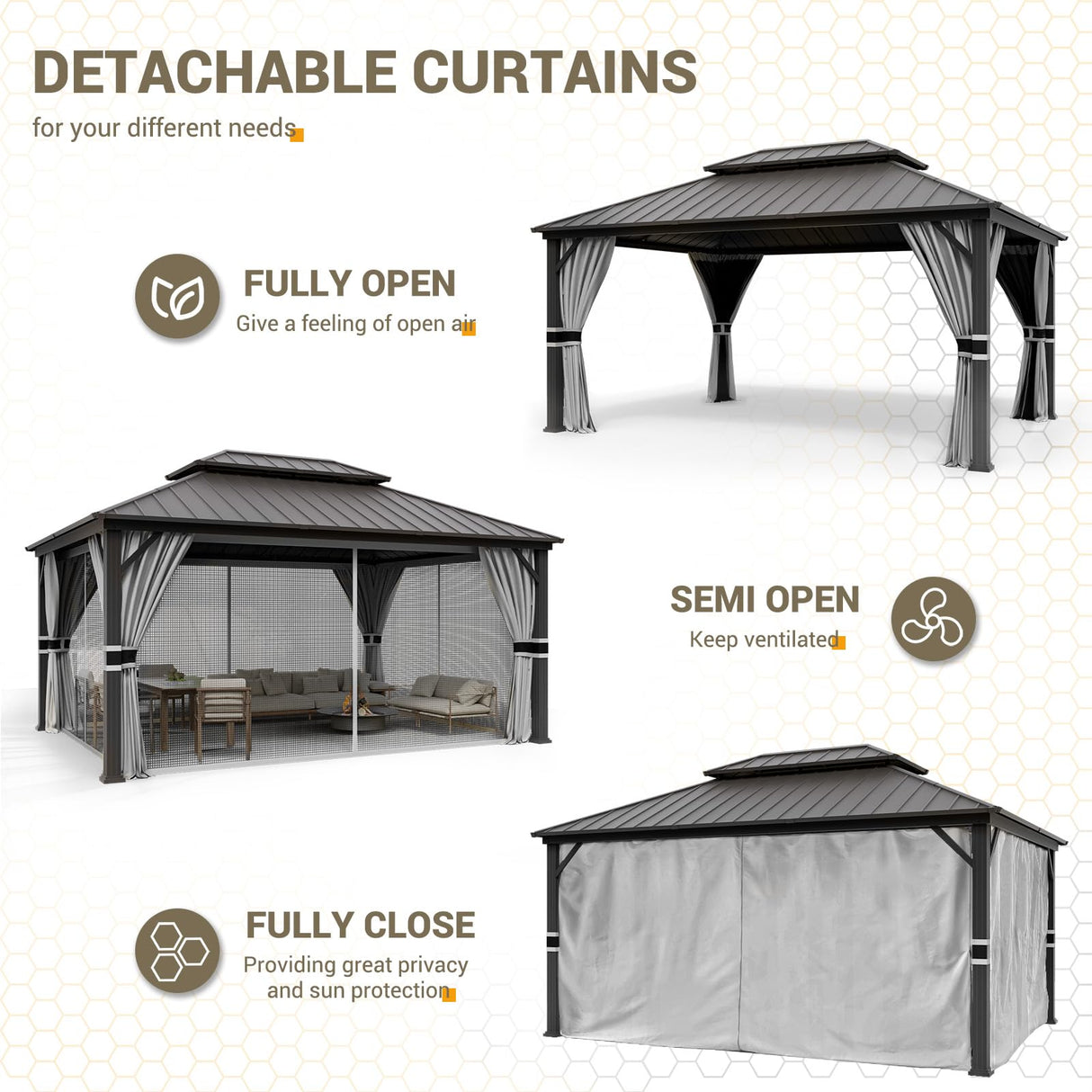 UDPATIO 12' x 16' Hardtop Gazebo, Galvanized Steel Double Roof Permanent Aluminum Gazebo, Outdoor Metal Pergolas with Mosquito Netting and Curtains for Garden, Parties, Patio, Deck, Lawns, Grey UDPATIO