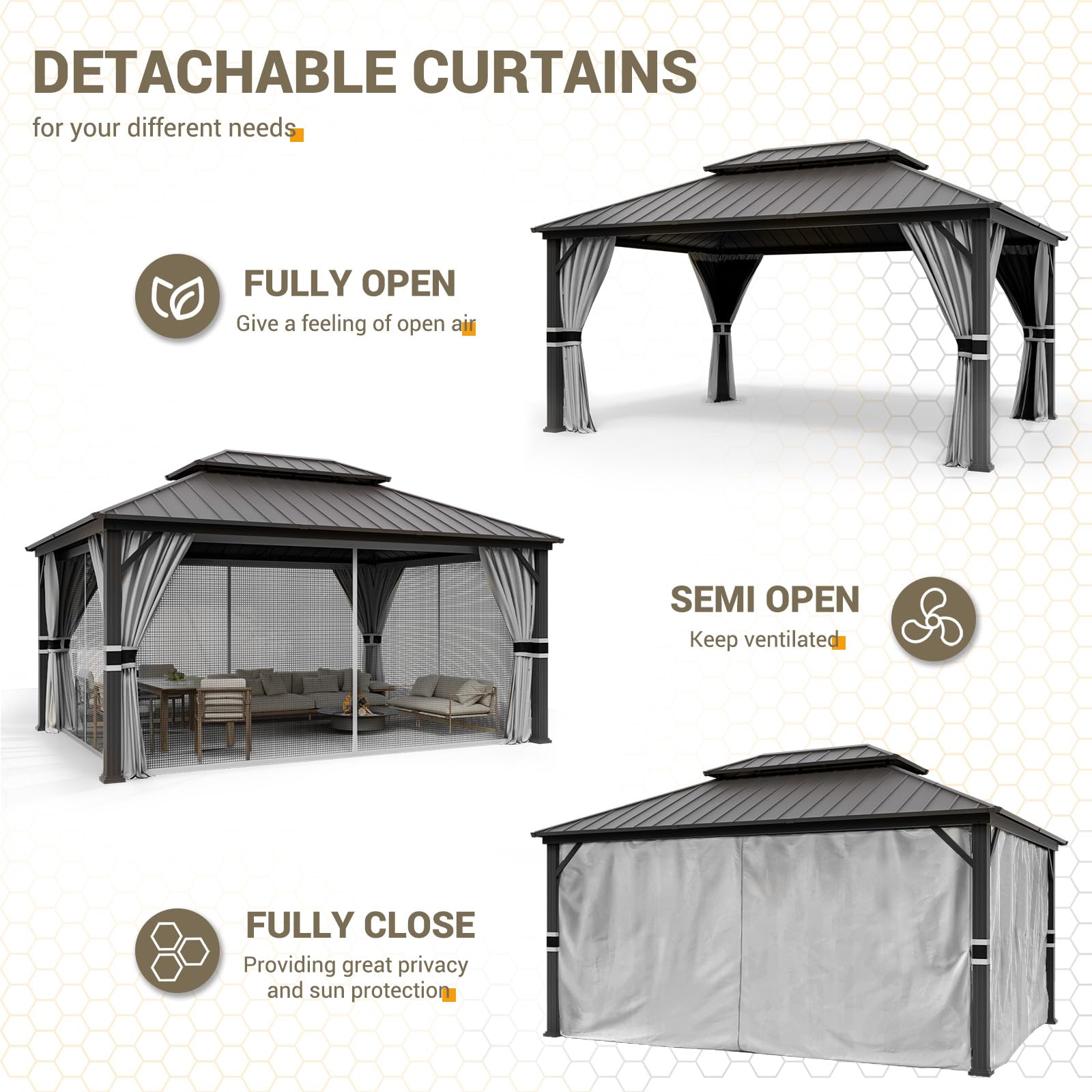 UDPATIO 12' x 16' Hardtop Gazebo, Galvanized Steel Double Roof Permanent Aluminum Gazebo, Outdoor Metal Pergolas with Mosquito Netting and Curtains for Garden, Parties, Patio, Deck, Lawns, Gr - WoodArtSupply