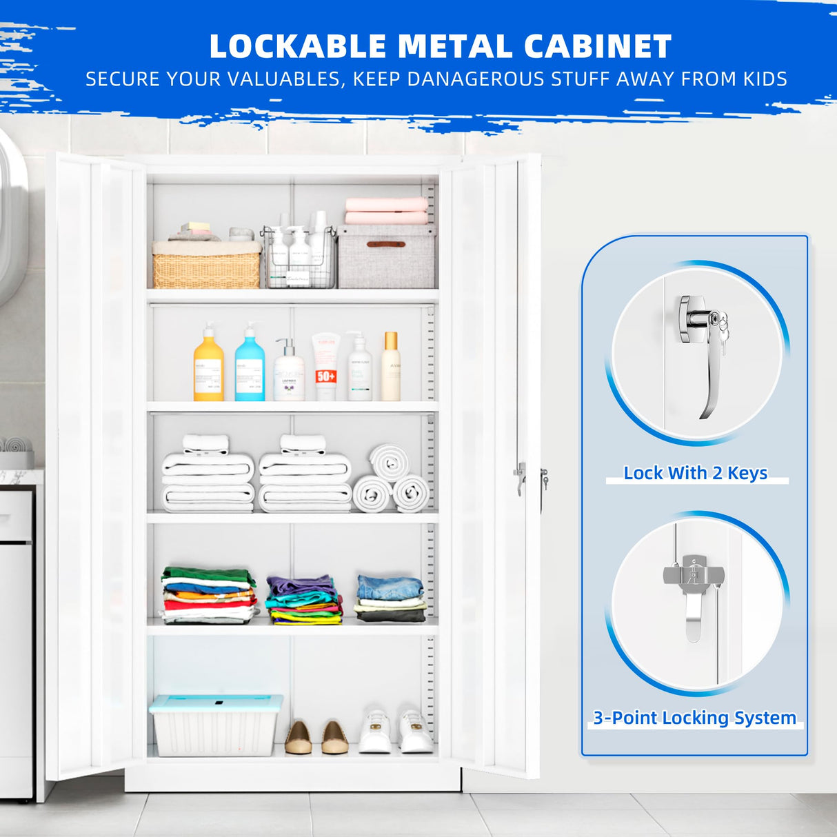 Superday Metal Storage Cabinet 71"×32"×16", Tall Storage Cabinet with 2 Doors and 4 Shelves, Large Metal Steel Utility Cabinet for Home Office, Garage, File Bathroom Pantry (White) Superday