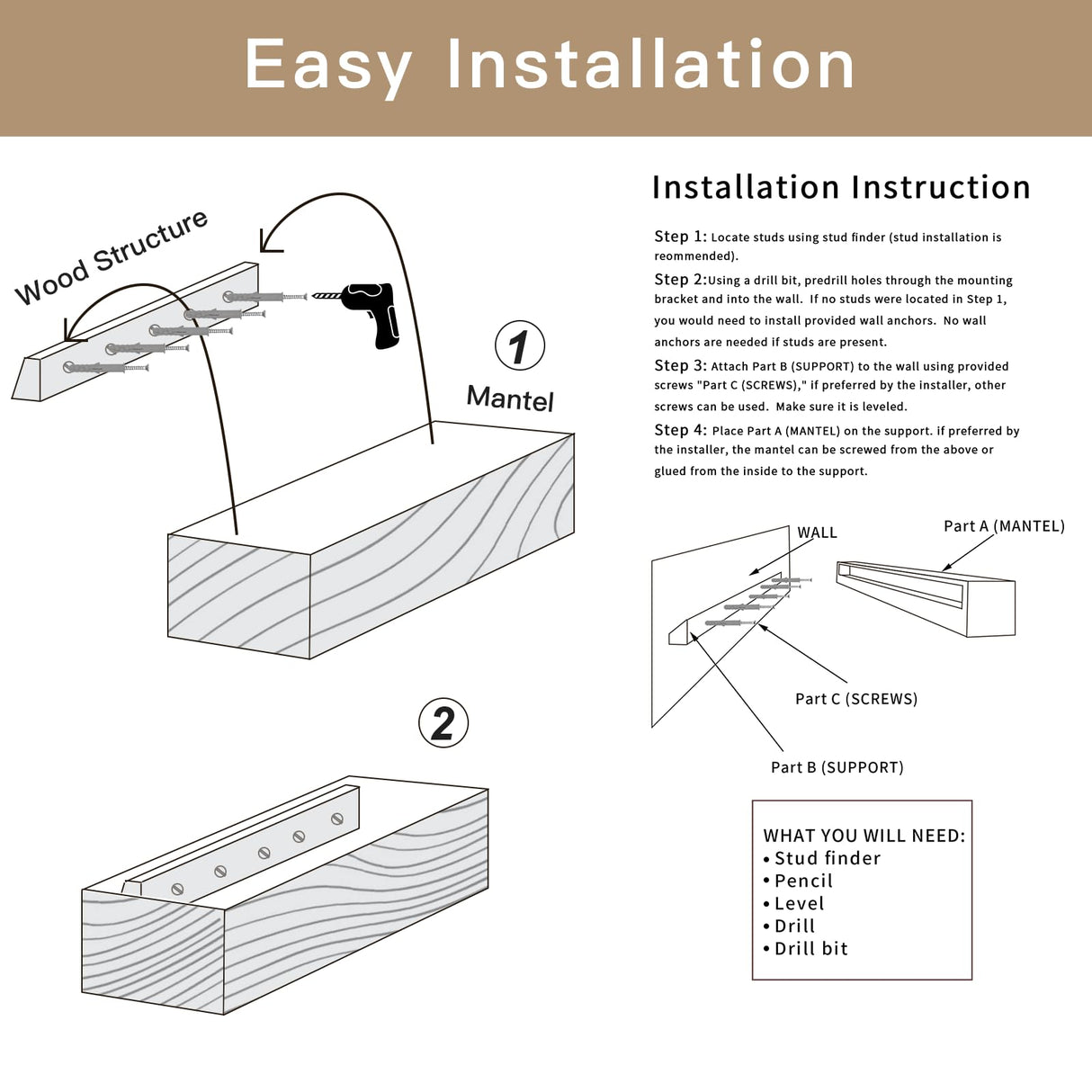 POPRHINO Fireplace Mantel Shelve, Solid Wood Baked Finish Wall-Mounted Floating Shelf for Over Fireplace, Handcrafted Floating Fireplace Mantels with Wooden Bracket, 60 x 8 x 6 Inches, Natural POPRHINO