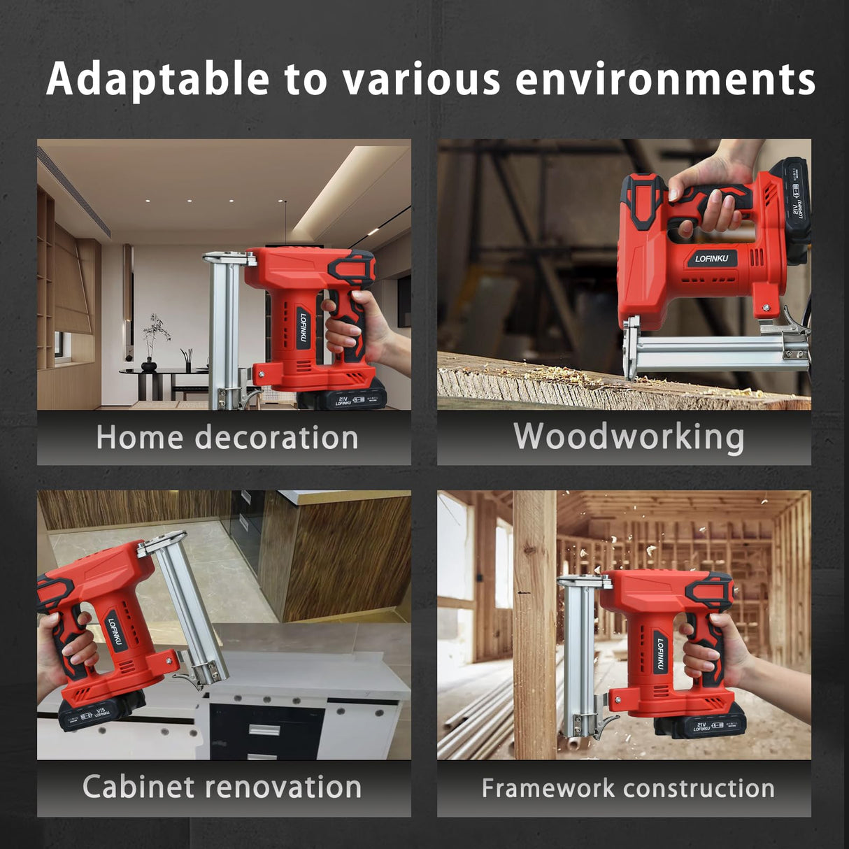 Cordless Nail Gun Battery Powered Brad Nailer, 2-in-1 Nail/Staple Gun, Electric Nail Gun,Brad Nailer Cordless, 2×2.0Ah Batteries,for Upholstery, Woodworking and Carpentry RED LOFINKU