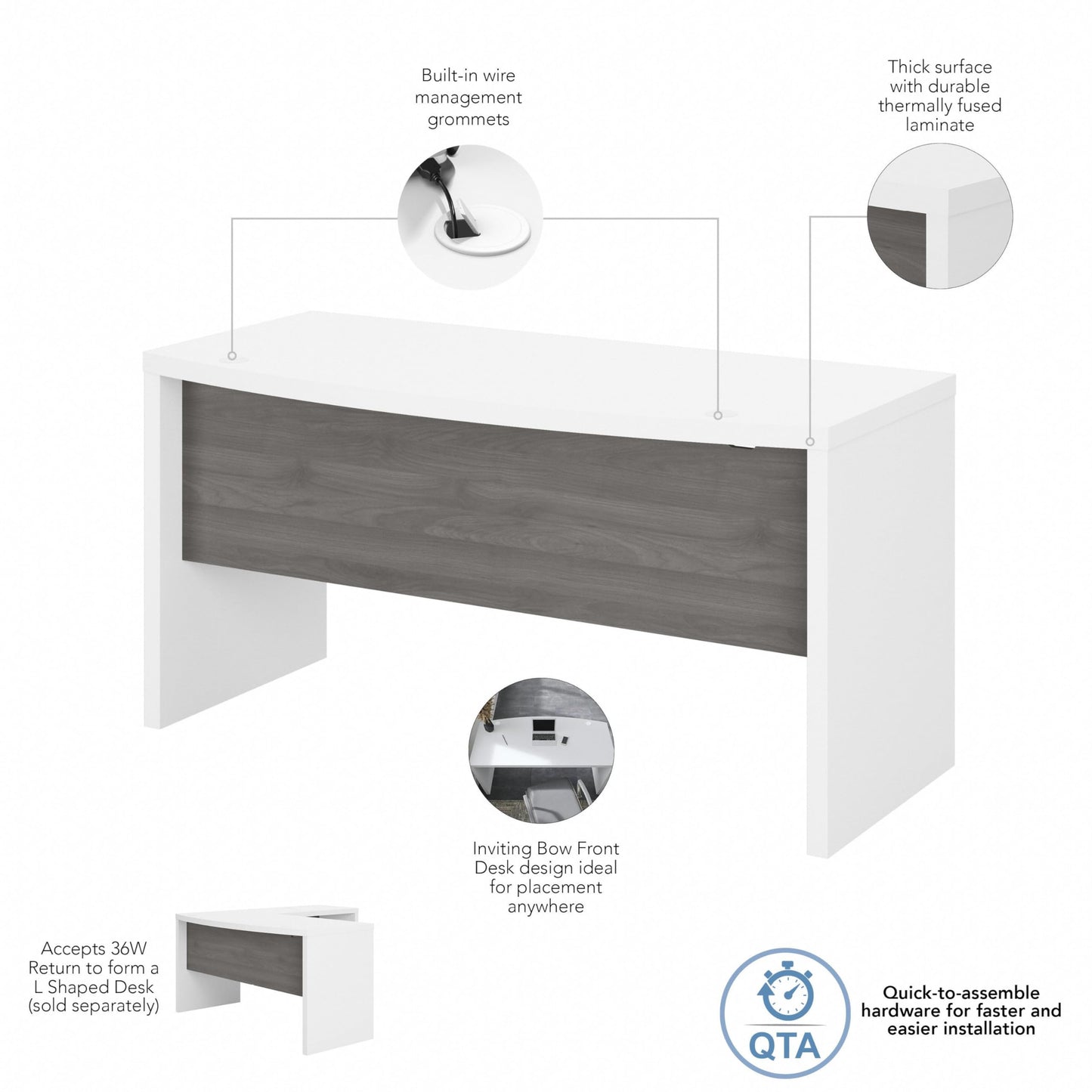 Bush Business Furniture Echo Bow Front Desk, 60W, Pure White and Modern Gray - WoodArtSupply