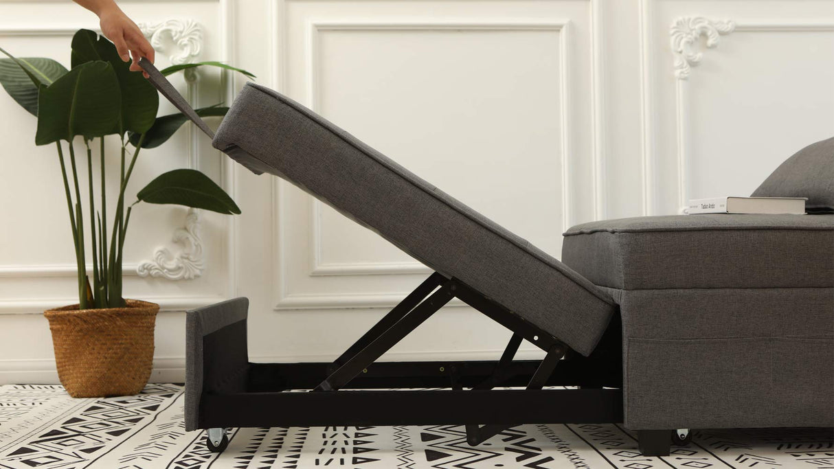 Cynefin Futon Chair with Lumbar Pillow and 3 Side Pockets, Sofa Bed Chair, Convertible 4 in 1 Ottoman Bed Tufted Fabric Gray (M, Gray) Cynefin