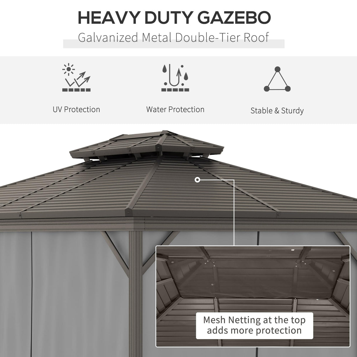Outsunny 10' x 12' Hardtop Gazebo with Curtains and Netting, Permanent Pavilion Metal Double Roof Gazebo Canopy with Aluminum Frame and Hooks, for Garden, Patio, Backyard, Gray Outsunny