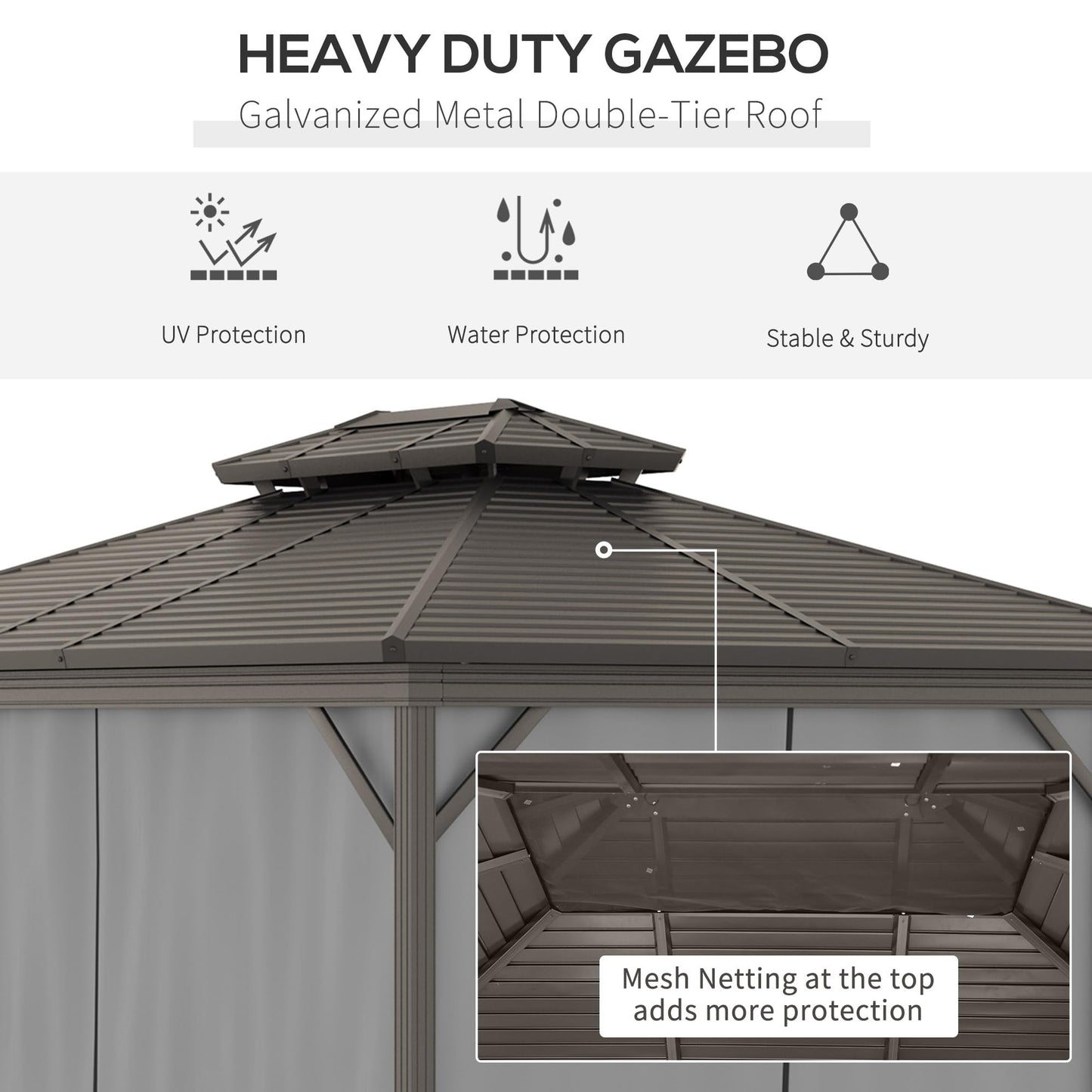 Outsunny 10' x 12' Hardtop Gazebo with Curtains and Netting, Permanent Pavilion Metal Double Roof Gazebo Canopy with Aluminum Frame and Hooks, for Garden, Patio, Backyard, Gray - WoodArtSupply