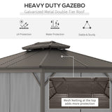 Outsunny 10' x 12' Hardtop Gazebo with Curtains and Netting, Permanent Pavilion Metal Double Roof Gazebo Canopy with Aluminum Frame and Hooks, for Garden, Patio, Backyard, Gray Outsunny