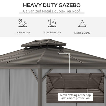 Outsunny 10' x 12' Hardtop Gazebo with Curtains and Netting, Permanent Pavilion Metal Double Roof Gazebo Canopy with Aluminum Frame and Hooks, for Garden, Patio, Backyard, Gray - WoodArtSupply