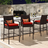 Sundale Outdoor Wicker Bar Stool Set of 4, Patio Counter Height Pub Chair with Arms, High Top Rattan Barstool, Cushion Red, All-Weather Outdoor Rattan Furniture - Steel, Brown Sundale Outdoor