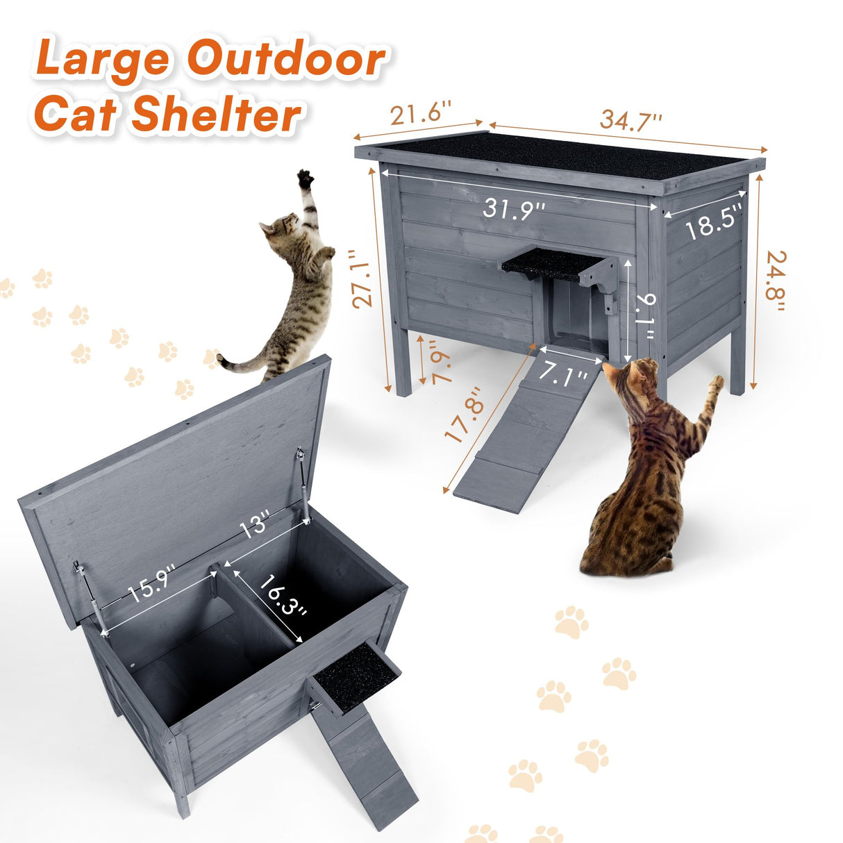 BRIOPAWS Outdoor-Cat-House-Insulated | Feral-Cat-Shelter for Summer | Weatherproof | Large Wooden Pet House for Multiple Cats | Foldable Ladder | Acrylic Side Window | Grey BRIOPAWS