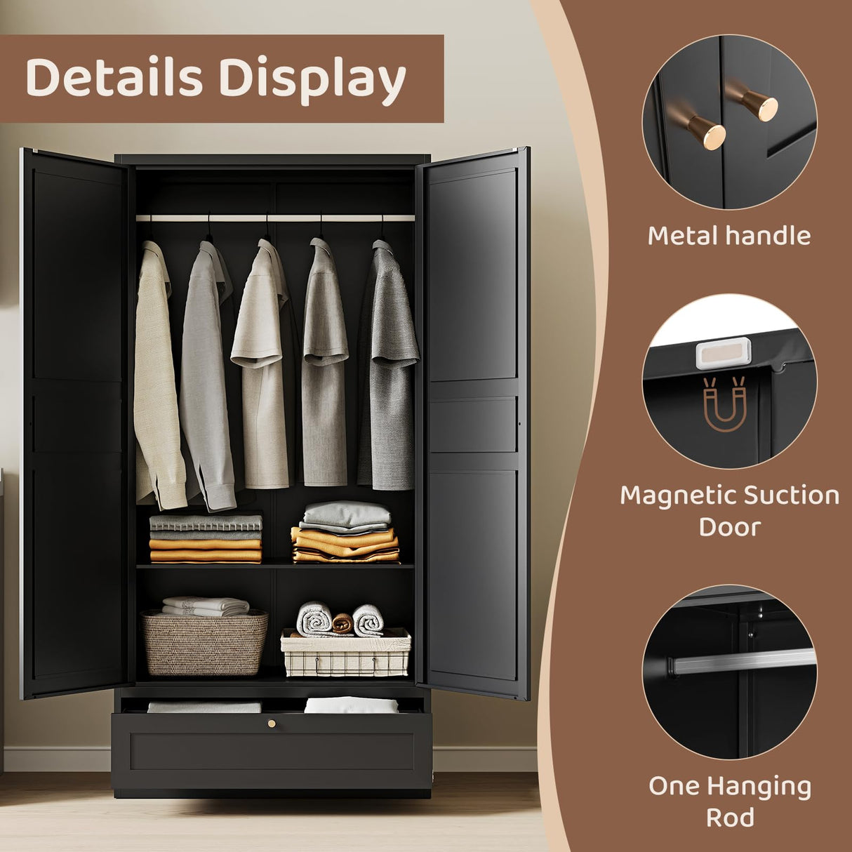 ZAOUS Metal Armoire Wardrobe Closet,72" Tall Wardrobe Cabinet with Drawer,2 Doors Armoire Storage Closet with Adjustable Shelves and Hanging Rod for Bedroom,Black ZAOUS