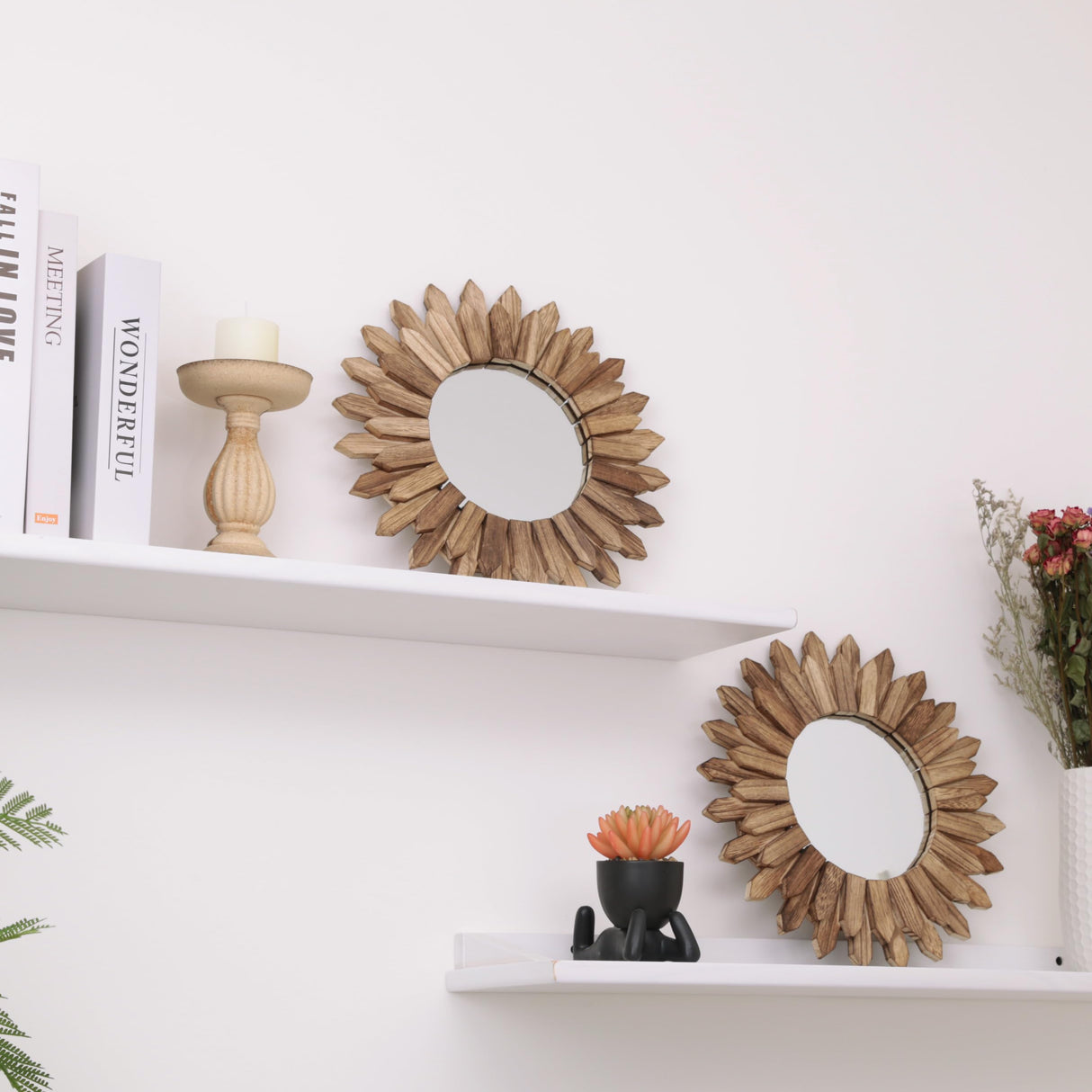 LOSOUR 2 Pack Boho Wall Decor Sunburst Mirror 12 inch Rustic Round Wood Mirror Boho Mirror Farmhouse Wall Decor for Bedroom Living Room Entryway LOSOUR