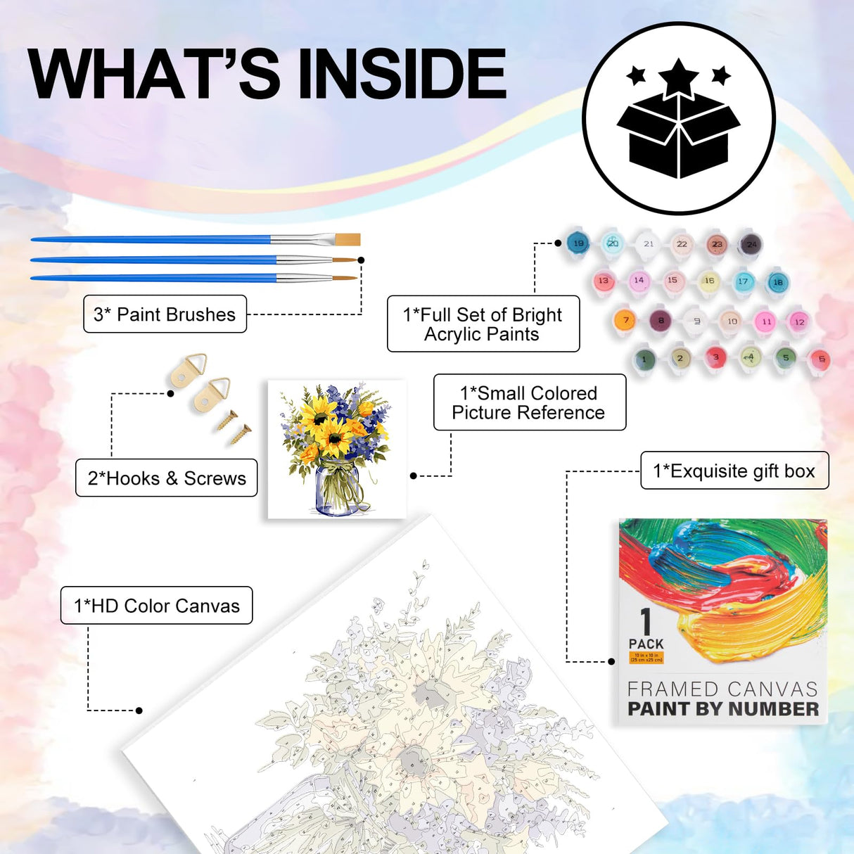 Yezavesu Flower Framed Paint by Numbers Kit for Adults Beginner & Kids Ages 8-12, Flowers Paint by Number Without Easel, DIY Adult Paint by Numbers Sunflower for Home Wall Decor Gift 10x 10 inch Yezavesu