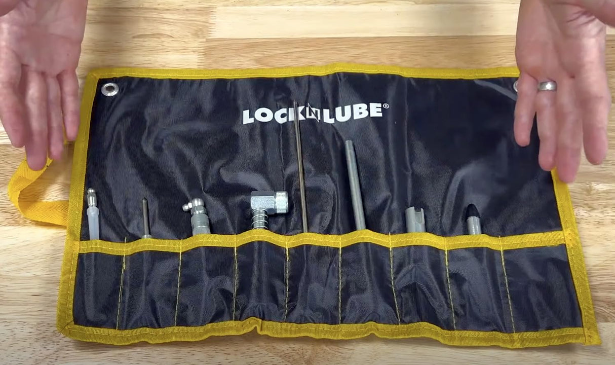 LockNLube 8-Piece Quick Connect Greasing Accessory Kit. Complete grease fitting connection kit. Reach any grease fitting on any machine. The rip-stop case keeps tools clean and portable. LockNLube