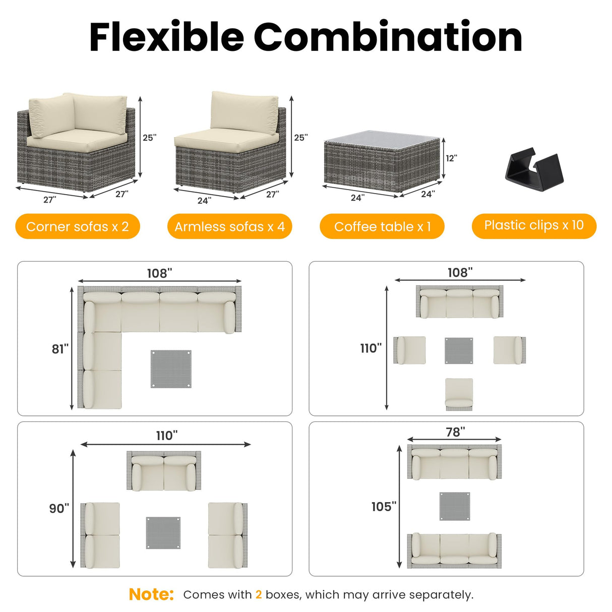 FansaFurn 7-Piece Modular Patio Furniture Set, Wicker Outdoor Sectional Sofa with Cushions and Coffee Table, All Weather Patio Conversation Sets for Porch Balcony Backyard, Beige FansaFurn