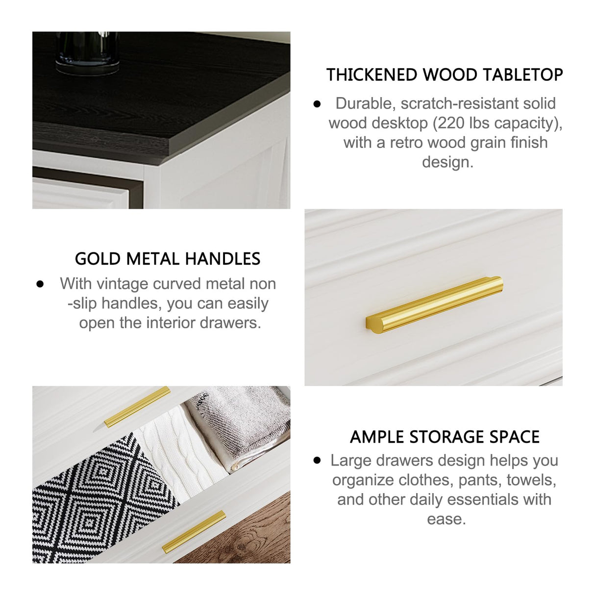 Virabit White Dresser for Bedroom with 6 Drawers, 44" Tall Wooden Farmhouse Cabinet, Modern Kids Dresser with Metal Handle, Mid Century Chest of Organizer for Closet, Living Room, Hallway Virabit