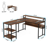 Tribesigns L Shaped Desk with Shelves, 59" Large Corner Computer Desk with Monitor Shelf, Reversible Home Office Desk with Bookshelf and Metal Frame, Two Person Desk, Rustic Brown Tribesigns